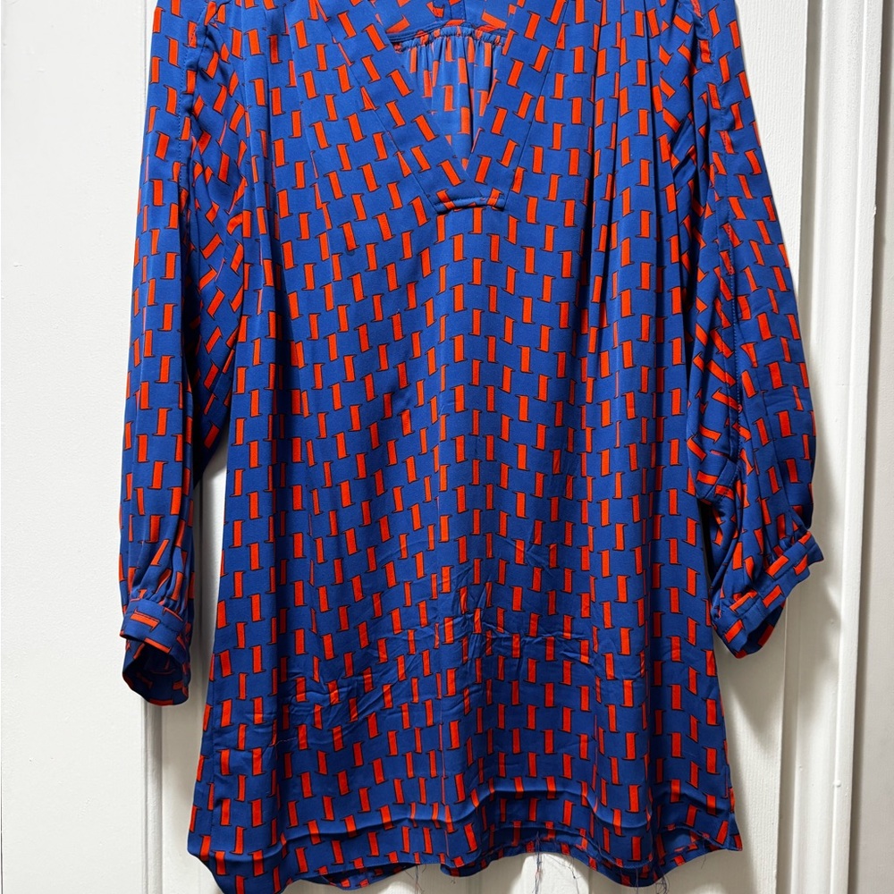 Diane Von Furstenberg Blue and Red 3/4 Sleeve Polo Blouse